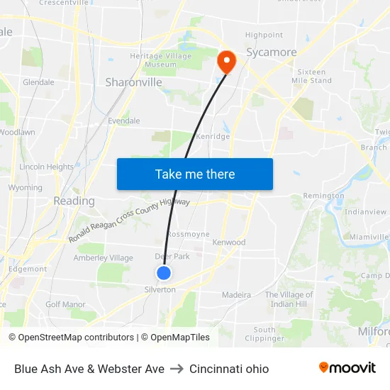 Blue Ash Ave & Webster Ave to Cincinnati ohio map