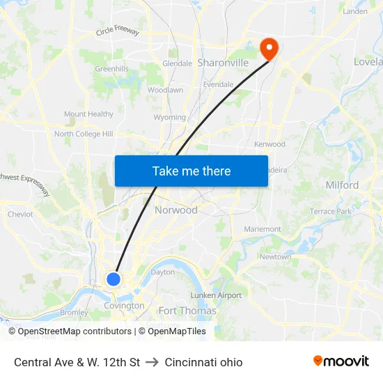 Central Ave & W. 12th St to Cincinnati ohio map