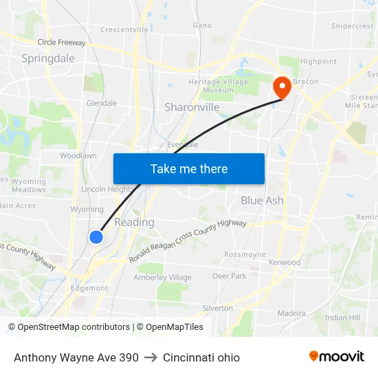 Anthony Wayne Ave 390 to Cincinnati ohio map