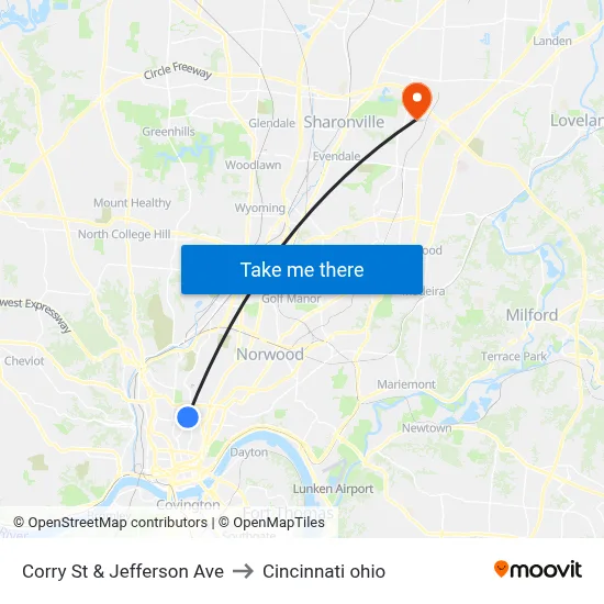 Corry St & Jefferson Ave to Cincinnati ohio map