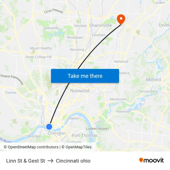 Linn St & Gest St to Cincinnati ohio map