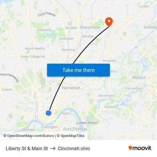 Liberty St & Main St to Cincinnati ohio map