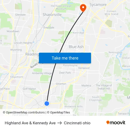 Highland Ave & Kennedy Ave to Cincinnati ohio map
