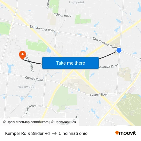 Kemper Rd & Snider Rd to Cincinnati ohio map