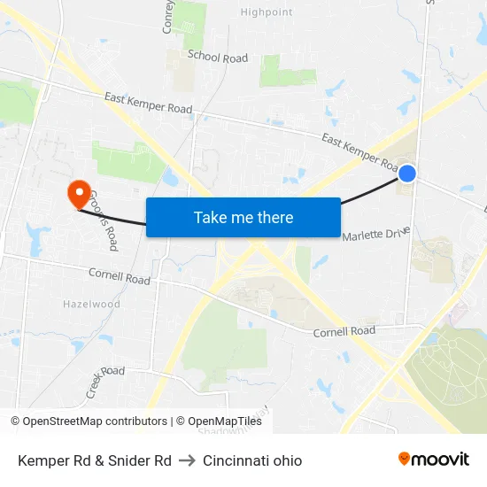 Kemper Rd & Snider Rd to Cincinnati ohio map