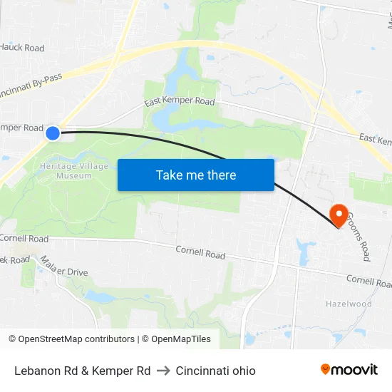 Lebanon Rd & Kemper Rd to Cincinnati ohio map