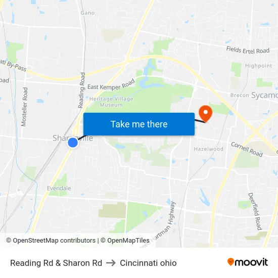 Reading Rd & Sharon Rd to Cincinnati ohio map