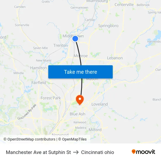 Manchester Ave at Sutphin St to Cincinnati ohio map