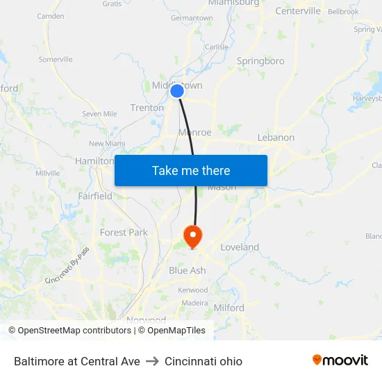 Baltimore at Central Ave to Cincinnati ohio map