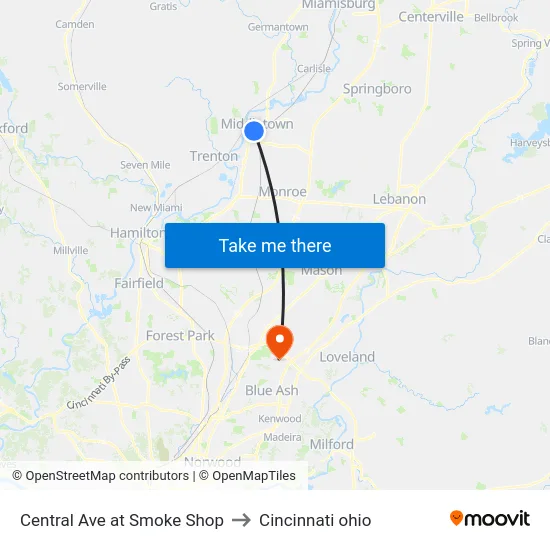 Central Ave at Smoke Shop to Cincinnati ohio map