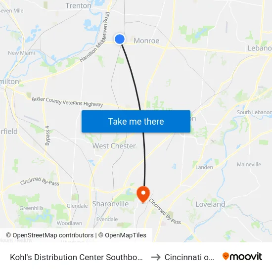 Kohl's Distribution Center Southbound to Cincinnati ohio map
