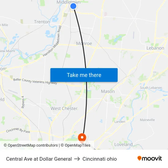 Central Ave at Dollar General to Cincinnati ohio map