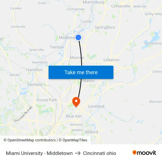 Miami University - Middletown to Cincinnati ohio map