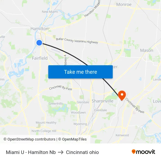 Miami U - Hamilton Nb to Cincinnati ohio map