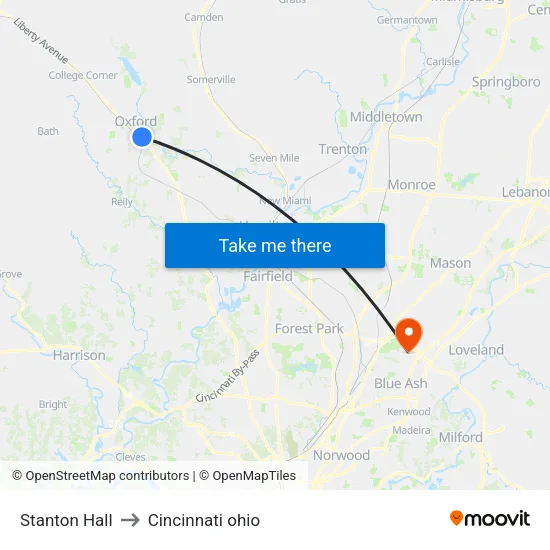 Stanton Hall to Cincinnati ohio map