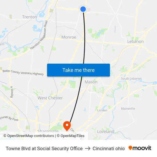 Towne Blvd at Social Security Office to Cincinnati ohio map