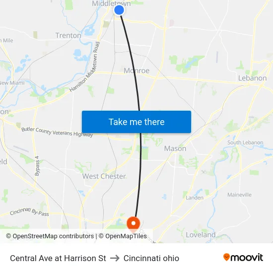 Central Ave at Harrison St to Cincinnati ohio map