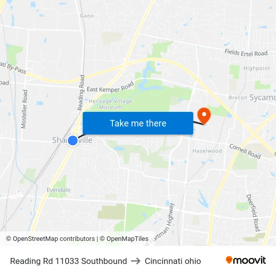 Reading Rd 11033 Southbound to Cincinnati ohio map