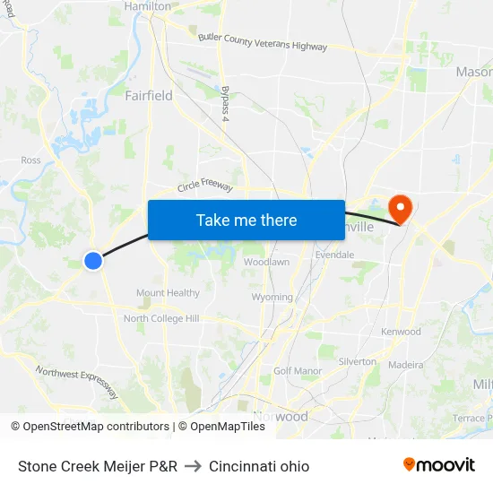 Stone Creek Meijer P&R to Cincinnati ohio map