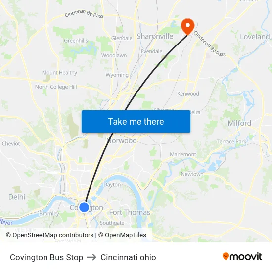 Covington Bus Stop to Cincinnati ohio map