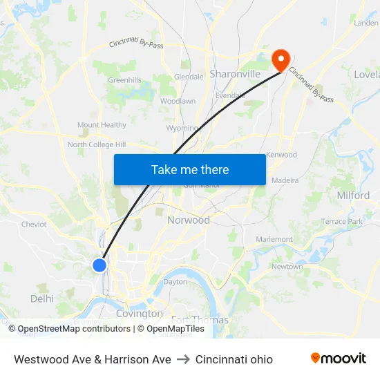 Westwood Ave & Harrison Ave to Cincinnati ohio map