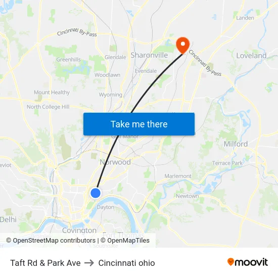 Taft Rd & Park Ave to Cincinnati ohio map