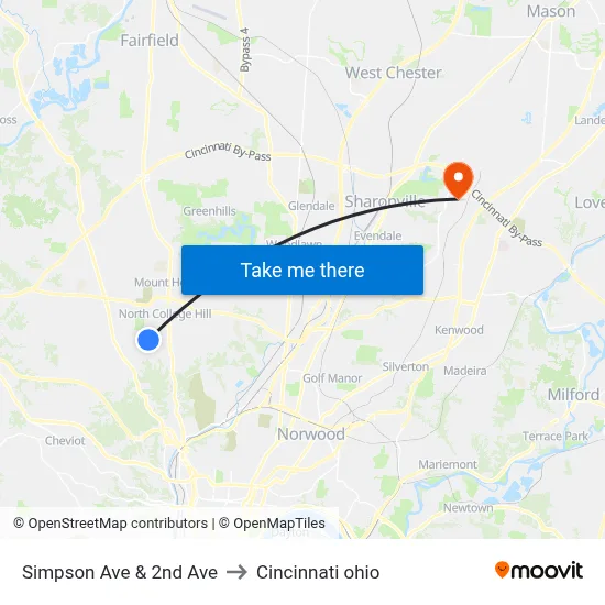Simpson Ave & 2nd Ave to Cincinnati ohio map