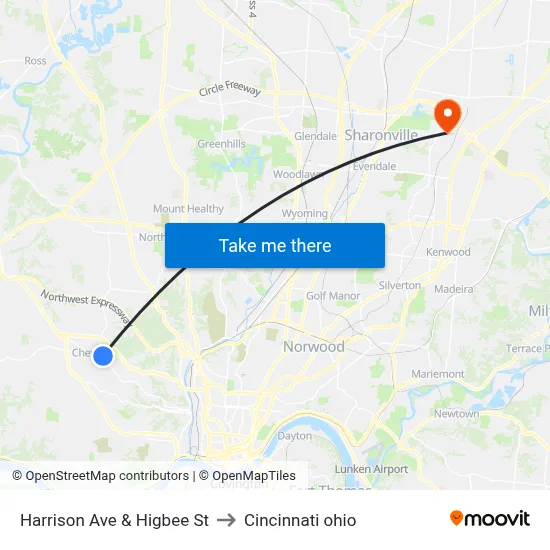 Harrison Ave & Higbee St to Cincinnati ohio map