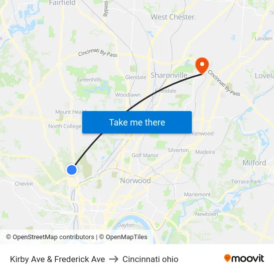 Kirby Ave & Frederick Ave to Cincinnati ohio map