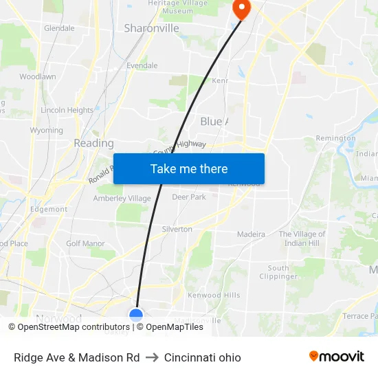 Ridge Ave & Madison Rd to Cincinnati ohio map