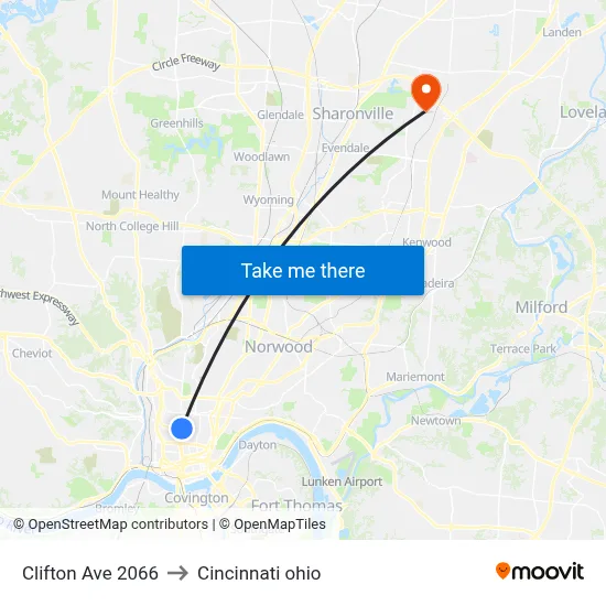 Clifton Ave 2066 to Cincinnati ohio map
