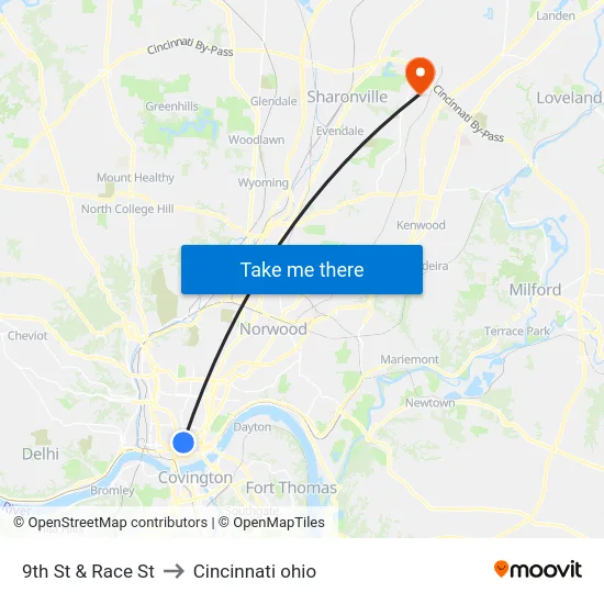 9th St & Race St to Cincinnati ohio map