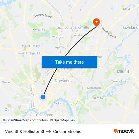 Vine St & Hollister St to Cincinnati ohio map