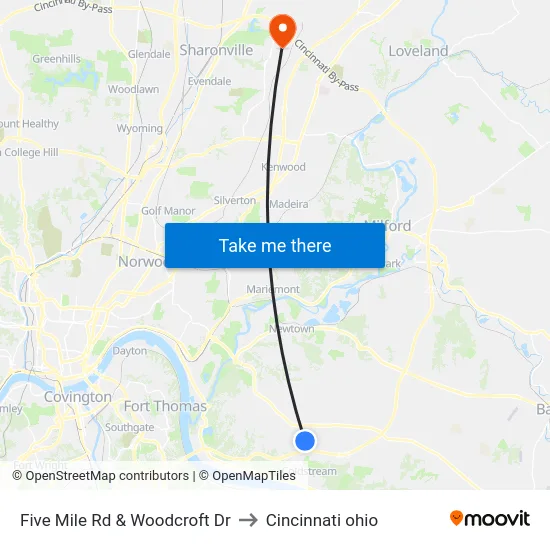 Five Mile Rd & Woodcroft Dr to Cincinnati ohio map