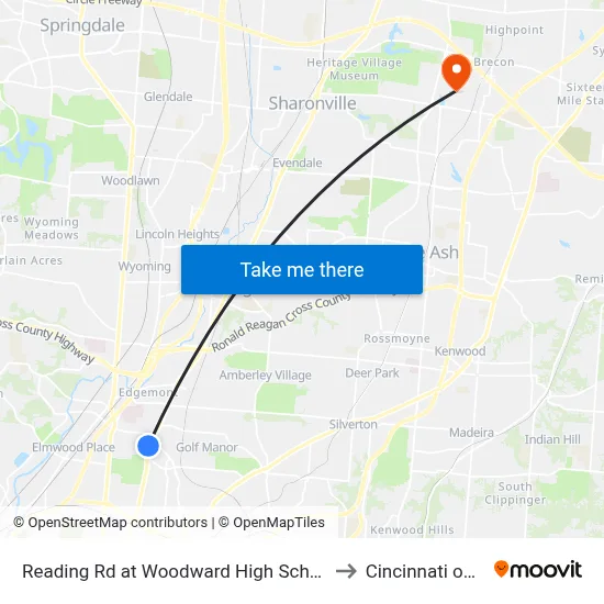 Reading Rd at Woodward High School to Cincinnati ohio map