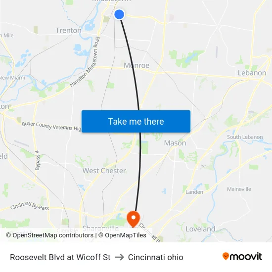 Roosevelt Blvd at Wicoff St to Cincinnati ohio map