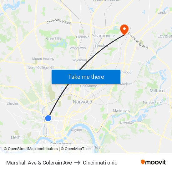 Marshall Ave & Colerain Ave to Cincinnati ohio map