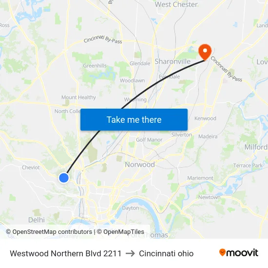 Westwood Northern Blvd 2211 to Cincinnati ohio map