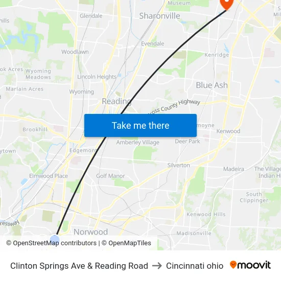 Clinton Springs Ave & Reading Road to Cincinnati ohio map