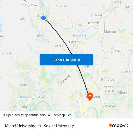 Miami University to Xavier University map