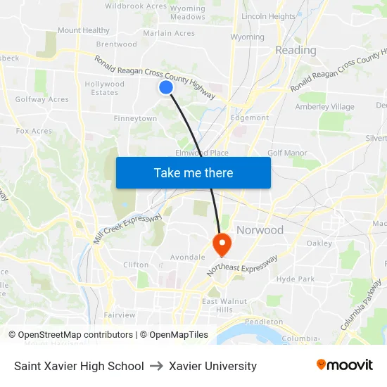 Saint Xavier High School to Xavier University map