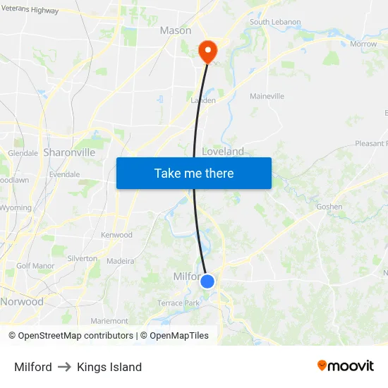 Milford to Kings Island map