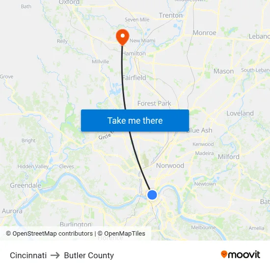 Cincinnati to Butler County map