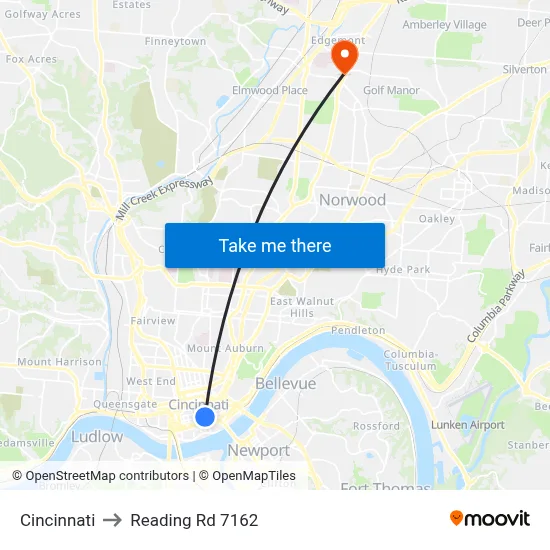 Cincinnati to Reading Rd 7162 map