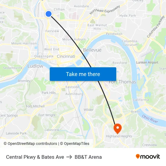 Central Pkwy & Bates Ave to BB&T Arena map