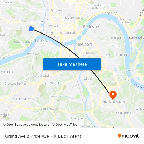 Grand Ave & Price Ave to BB&T Arena map
