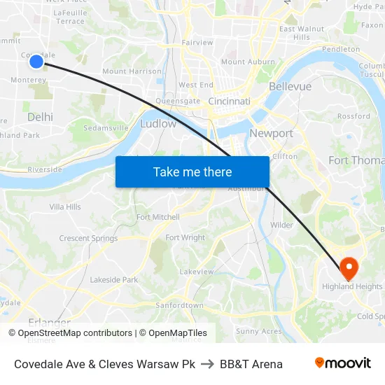 Covedale Ave & Cleves Warsaw Pk to BB&T Arena map