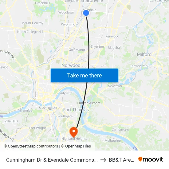 Cunningham Dr & Evendale Commons Dr to BB&T Arena map