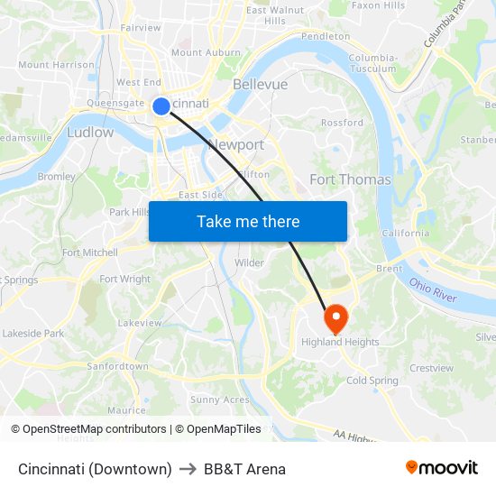 Cincinnati (Downtown) to BB&T Arena map