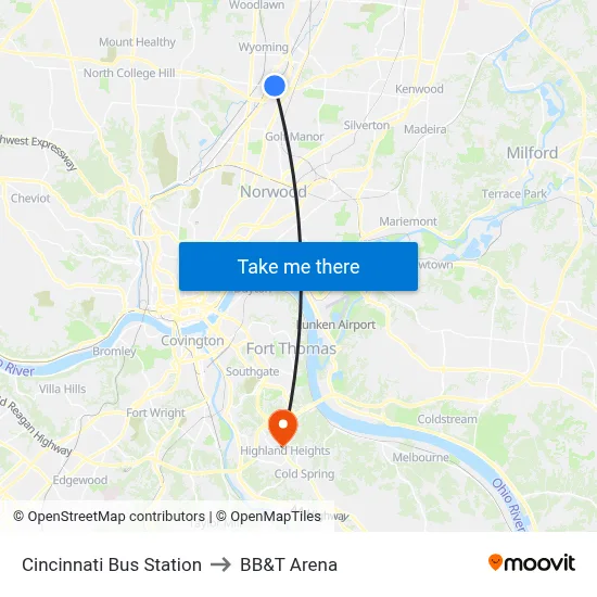 Cincinnati Bus Station to BB&T Arena map